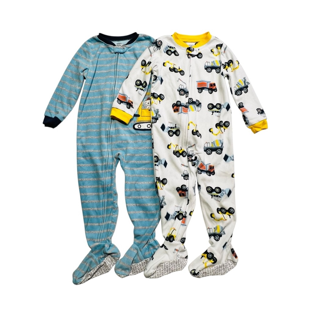 2 pc Carter's Blue Striped‎ and White Construction Fleece Footies